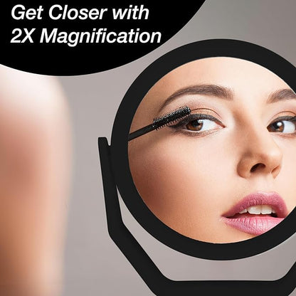 EXPRESSIONS Premium Soft Touch Rotating Mirror - Round Black Vanity Mirror, Handheld or Tabletop, 1x/2x Magnification Makeup Mirror, Small Desk or Travel Mirror