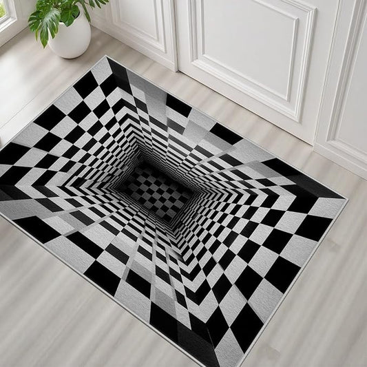 Optical Illusion Rug - Black and White Rug for Living Room, Soft Ultra Soft Faux Wool 2x3 Area Rugs Floor Mats, Non Slip&Non-Shedding Low Pile Checkered Washable Rugs, Abstract Geometric Carpet