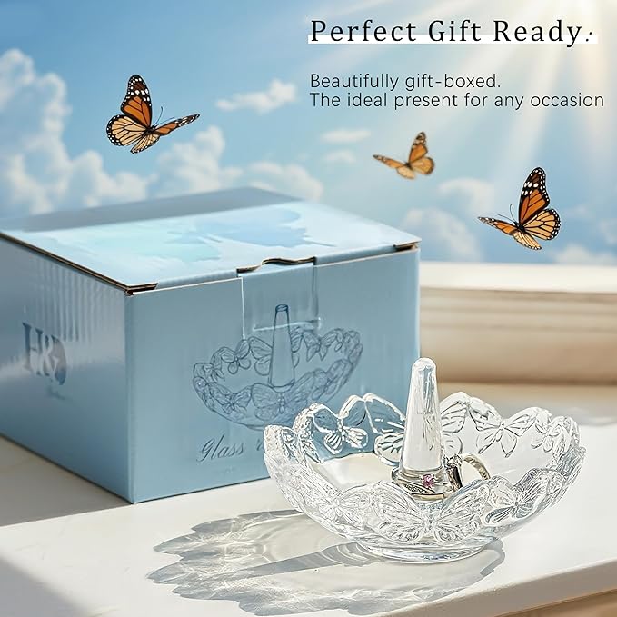 H&D HYALINE & DORA Clear Crystal Ring Holder with Butterfly Pattern, Engagement Glass Ring Dish Jewelry Holder for Rings Earrings Necklace Organizer