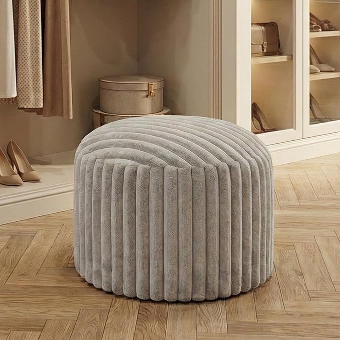 Luxury Round Stuffed Floor Poufs Ottoman, Stripe Faux Fur Footrest with Dual Layer Comfort, Removable Washable Cover, 20"x15" Plush Pouf Shaggy Stool for Living Room Bedroom, Gray