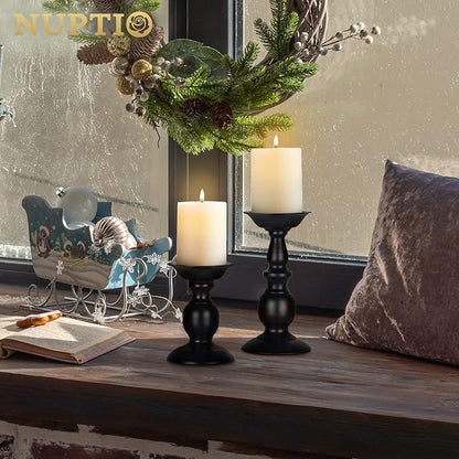 Nuptio Black Candle Holder for Pillar Candles - 2 Pcs Rustic Candle Holders Set Metal Candle Stand Tall Retro Fall Pillar Candleholder for Halloween Easter Farmhouse Fireplace Home Table Centerpiece