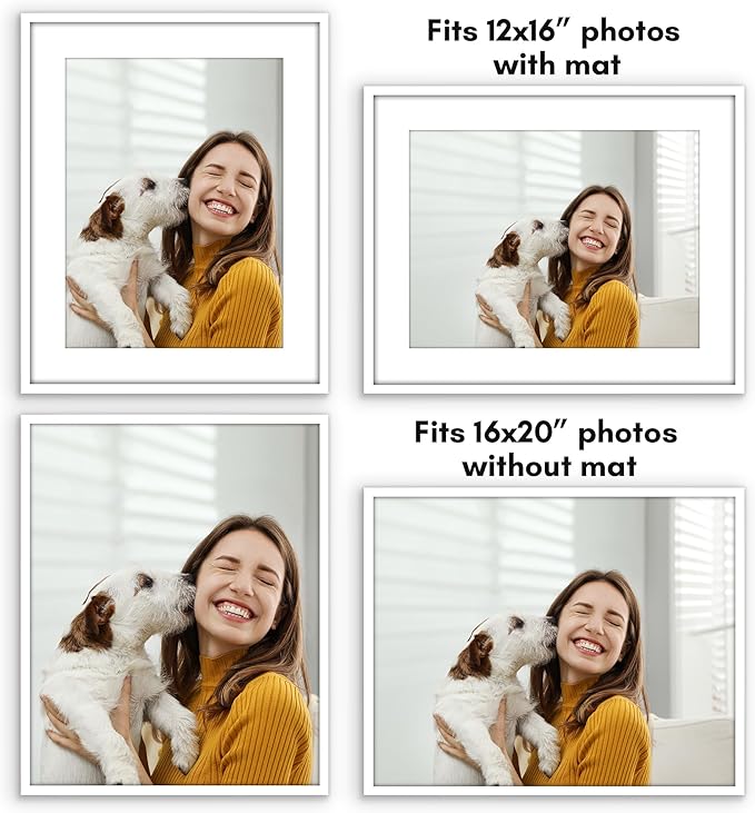 Americanflat 16x20 Picture Frame with Polished Plexiglass - Use as 12x16 Frame with Mat or Display 16x20 Photo Without Mat - Streamline Collection - Thin Border Picture Frames for Wall - White