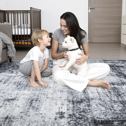 9x12 Area Rug Living Room Rug: Washable Modern Abstract Soft Thin Rug Indoor Floor No Slip Stain Resistant Carpet for Bedroom Dining Room Farmhouse Nursery Home Office - Dark Black