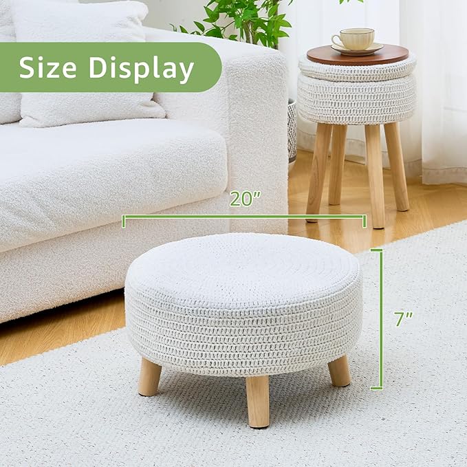 Wimarsbon Pouf Ottoman, 100% Cotton Knitted Boho Footstool, Round Footrest with Non-Skid Wood Legs, Home Décor Handmade Pouffe, Leisure Floor Step Stool for Living Room (20" White)