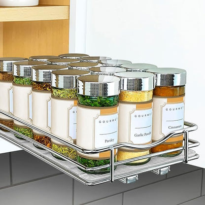 LYNK PROFESSIONAL® Pull Out Spice Rack Organizer for Inside Kitchen Cabinets - 6-3/8 inch Wide - Slide Out Drawer – Chrome Sliding Spice Cabinet Organization Shelf Racks - 1 Tier