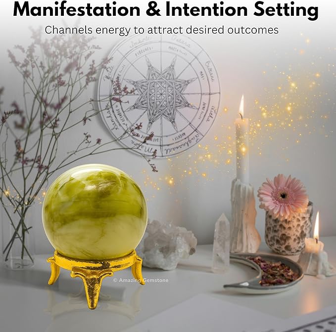 Amazing Gemstone Serpentine Crystal Ball with Stand - 1.5 Inches Crystal Sphere Meditation Balls for Witchcraft and Decorative Balls