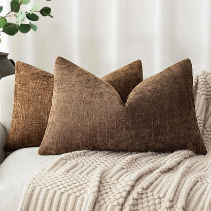 Foindtower Set of 2 Textured Chenille Throw Decorative Pillow Covers Square Accent Solid Cushion Cover Neutral Farmhouse Lumbar Pillow Case for Couch Sofa Bedroom Living Room 12x20 Inch,Dark Bronze