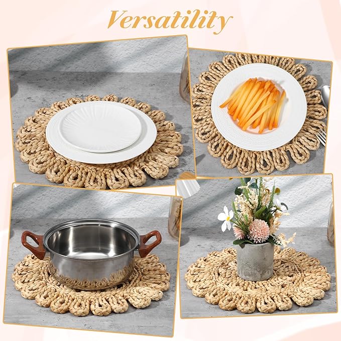 11.8" Corn Husk Woven Round Placemats Set of 6 - Wicker Boho Farmhouse Placemats - Rattan Table Mats for Dining Table, Wedding, Home