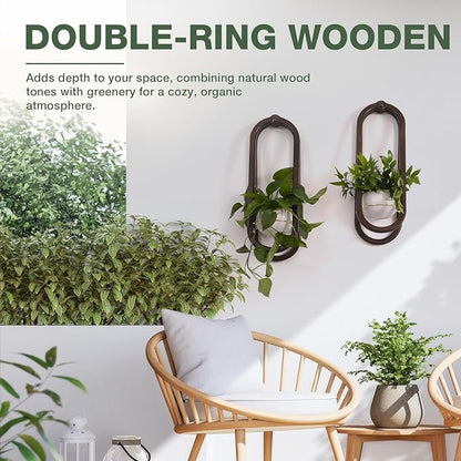 Wooden Wall Planters for Indoor - Modern Hanging Plant Stand Shelf with Ceramic Pot - Walnut Color (Set of 1)