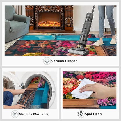 Pastoral Flowers 5x8 Area Rug Colorful Flower Shop Washable Rugs for Living Room Bedroom, Retro Wooden Door Soft Low Pile Non Slip Accent Floor Mat Print Throw Rug Indoor Carpet Dining Room Playroom