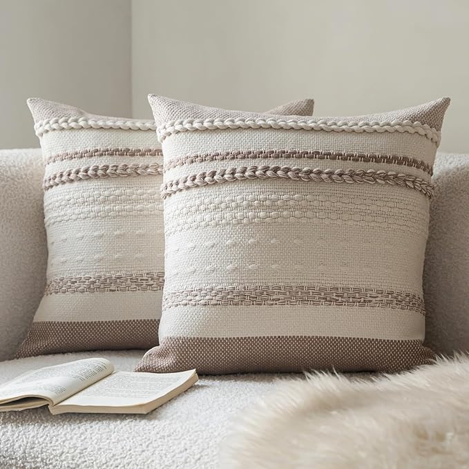 Boho Throw Pillow Covers 18x18 Inch Set of 2, Khaki Textured Decorative Couch Pillow Cases for Farmhouse Home Decor, Accent Cushion Cover for Sofa, Bed, Living Room, Bedroom