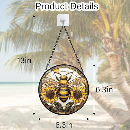 DASTOLL Stained Glass Window Hanging - Bee Sunflower Yellow Suncatcher Ready to Hang Window Doors Home Decoration and Christmas, Mother's Day Birthday Gifts for Women, Men, and Mom 6.3x6.3 in