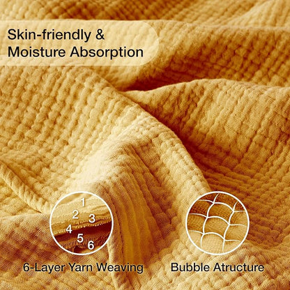 100% Cotton Muslin Blanket Large 50"x 70", 6 Layers Breathable and Lightweight Cotton Throw Blankets for Couch, Soft Cooling Summer Gauze Blanket for Adults All Season, Mustard
