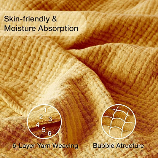100% Cotton Muslin Blanket King 108" x 90", 6 Layers Breathable and Lightweight Cotton Throw Blankets for Bed, Soft Cooling Summer Gauze Blanket for Adults All Season, Mustard