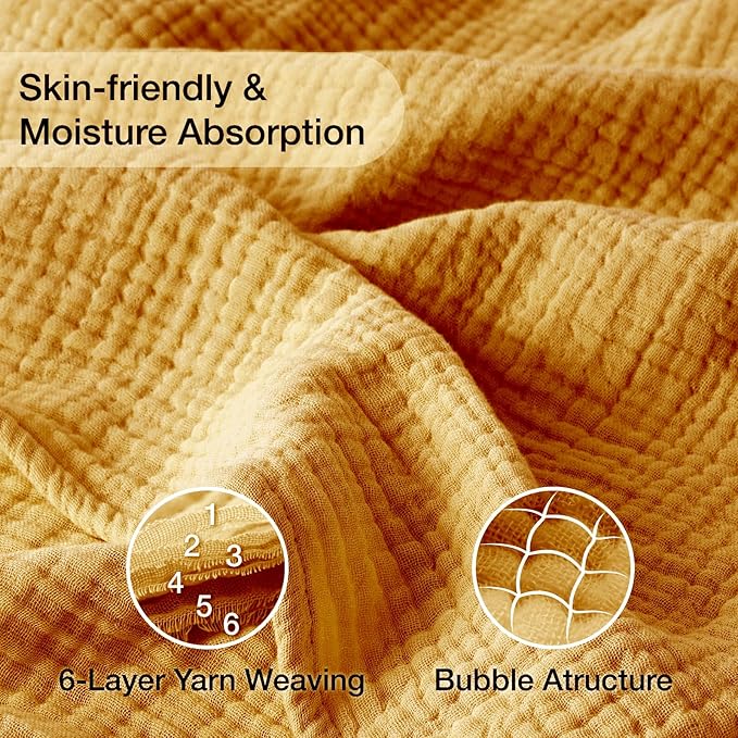 100% Cotton Muslin Blanket 50"x 60", 6 Layers Breathable and Lightweight Cotton Throw Blankets for Couch, Soft Cooling Summer Gauze Blanket for Adults All Season, Mustard