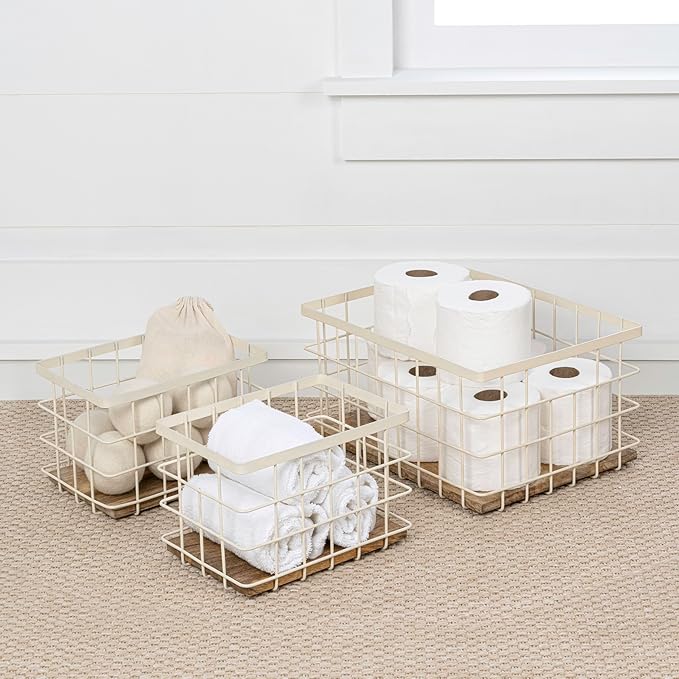 happimess BSK3004C-3SET Evvie Vintage Farmhouse Wire Metal Nesting Storage Baskets with Wood Base for Shelves, Cabinets, Pantry, Countertop, Mesh Open Bin Basket, Almond/Natural (Set of 3)