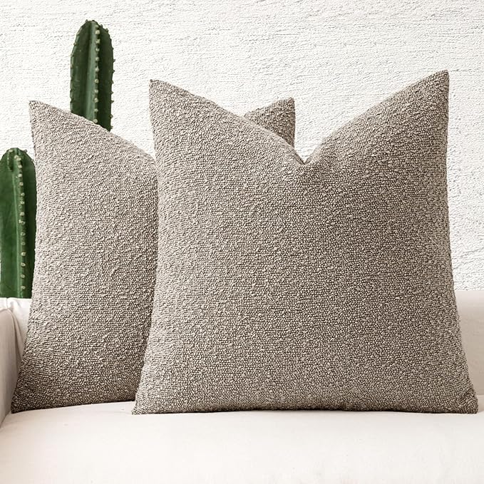 MIULEE 24x24 Decorative Euro Sham Throw Pillows for Bed Set of 2 Textured Boucle Neutral Winter Throw Pillow Covers Light Taupe Accent Solid Couch Pillowcases Sofa Livingroom Home Decor