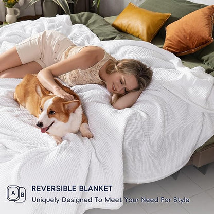 PHF 100% Cotton Waffle & Muslin Throw Blanket Large, Soft Breathable Luxury 400GSM Versatile Reversible Bedding for Couch, Great for Layering in Cold Weather, Home Decor Gift, 50" x 70", White