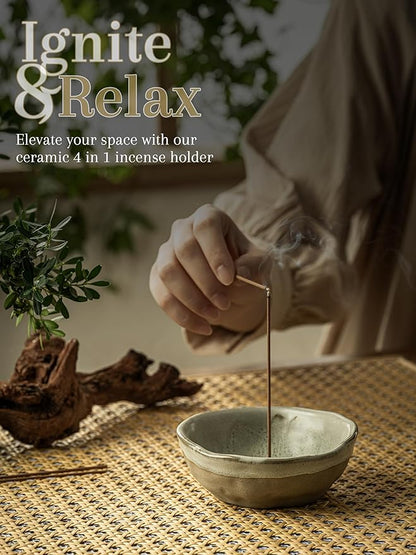 Incense Holder with 3 Incense Sockets, 4 In 1 Incense Burner Holder 4.25 Inch Incense Holder for Sticks, Ceramic Incense Stick Holder for Palo Santo, Cone Incense, Meditation, Yoga, Sage Green