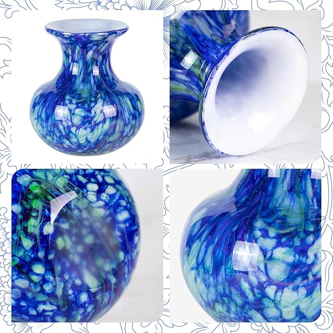 Glass Vases for Flower, Unique Hand Blown Blue Glass Vase, Modern Art Decorative for Home Living Room, Office, Table centerpieces, Bookshelves and Wedding Decorations (JG55)