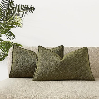 JUSPURBET 16x24 Pillow Covers Set of 2 Decorative Throw Pillow Covers Case for Couch Sofa Bed Soft Boucle Textured Lumbar Cushion Covers with Hidden Zipper for Home Decor Living Room,Olive Green