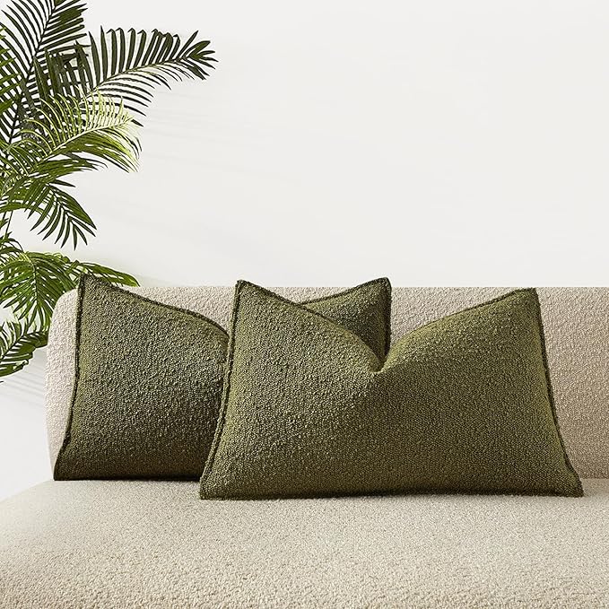 JUSPURBET 12x20 Pillow Covers Set of 2 Decorative Throw Pillow Covers Case for Couch Sofa Bed Soft Boucle Textured Lumbar Cushion Covers with Hidden Zipper for Home Decor Living Room,Olive Green