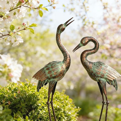 Shorayn Garden Crane Statues, Blue Heron Sculptures for Outdoor, Cranes Decor Metal Bird, Patina Garden Art Lawn Ornaments for Yard Patio Porch Outside Decorations