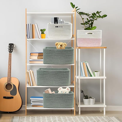 COMFY-HOMI 3 pcs Large Storage Baskets for Shelves, Laundry Basket, Woven Rope Basket, Closet Organizer Bins for Clothes Blanket Towels, Baby Nursery, Gift Toy Baskets, 17” x 13” x 7.5”-Green