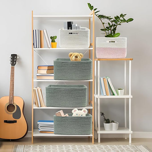 COMFY-HOMI 3 pcs Large Storage Baskets for Shelves, Laundry Basket, Woven Rope Basket, Closet Organizer Bins for Clothes Blanket Towels, Baby Nursery, Gift Toy Baskets, 17” x 13” x 7.5”-Green