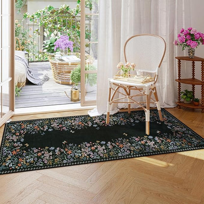 Lahome Boho Floral 2x6 Black Bathroom Runner Rugs Non Skid Washable, Rug Runners for Hallways Non Slip Kitchen Carpet Runner, Soft Runners for Entryway Laundry Bedroom(2x6ft,Black)