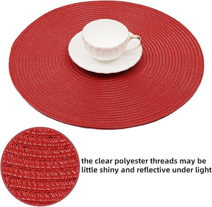 SHACOS Round Placemats Set of 6 Braided Cotton Polyester 15 inch Washable Place Mats for Dining Tables Christmas Table Mats Home Wedding Party Table Decor (Red, 6)