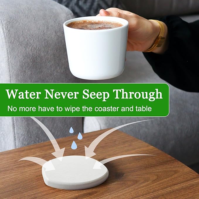Diatomaceous Earth Coasters Set of 6 for Drinks, Moisture Water Absorbent Stone Coasters for Table Desk at Work, Water Absorbing Instant Drying Diatomite, Modern White