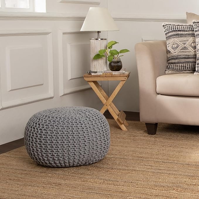 REDEARTH · Round Boho Pouf Ottoman - Cable Knitted Cord Boho Pouffe - Stuffed Poof Accent Beanbag Footrest for Living Room - Nursery - Bedroom - Covered Patio - Study Nook (18”x18”x14”) - Gray-S