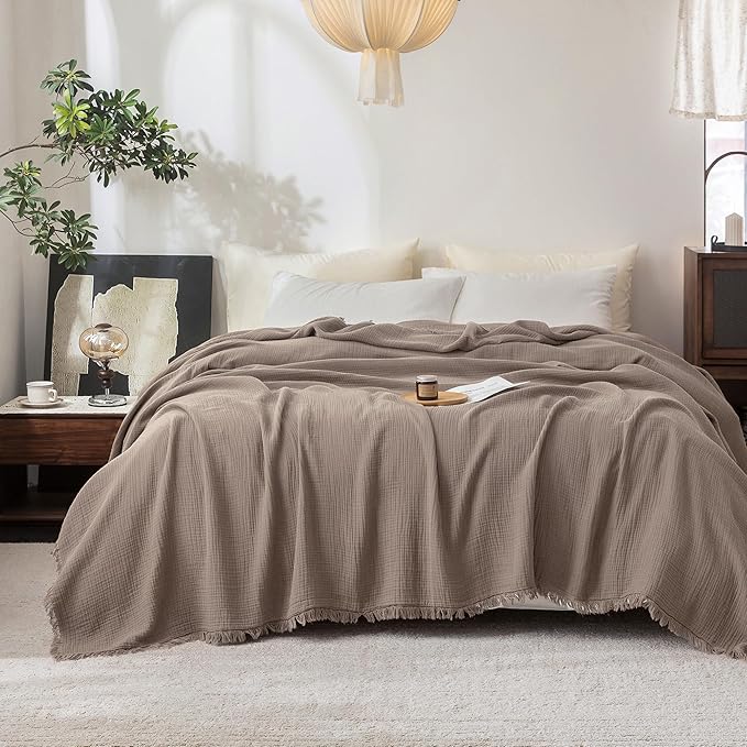 FOSSA Muslin Blanket with Fringe - 4-Layer 100% Cotton Gauze Super Soft & Breathable Throw -Lightweight Decorative Cooling Blanket for Bed, Sofa, Office (Pale Brown, King (104" × 90"))