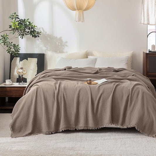 FOSSA Muslin Blanket with Fringe - 4-Layer 100% Cotton Gauze Super Soft & Breathable Throw -Lightweight Decorative Cooling Blanket for Bed, Sofa, Office (Pale Brown, Super King (108" × 98"))