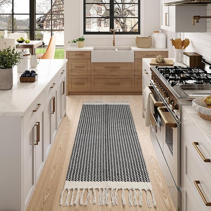 Lahome Boho Rugs for Entryway, 2x5 Laundry Room Rug Lightweigh Cotton Washable Runner Rug with Tassels, Farmhouse Black Bath Door Mats Indoor Non Shedding Runners for Hallways Bedroom