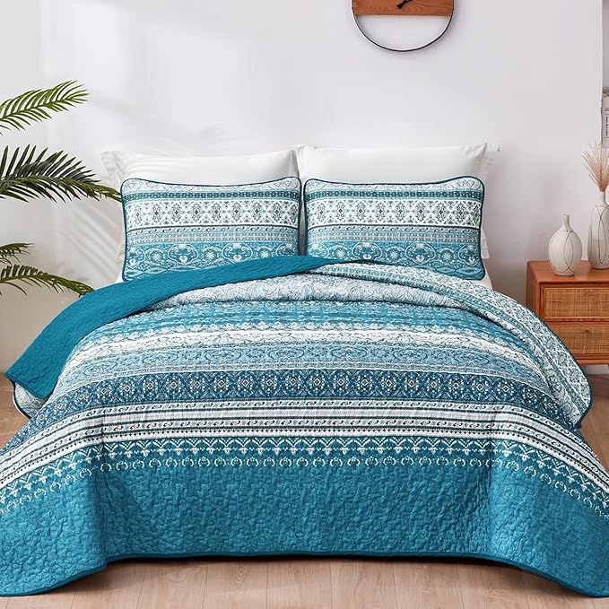WONGS BEDDING Boho Queen Quilt Set, Teal and Blue Bohemian Quilt Bedding Set, Lightweight Bed Decor Bedspread for All Season Reversible Microfiber Coverlet Bedding Set 96"x90"(3 Pieces)