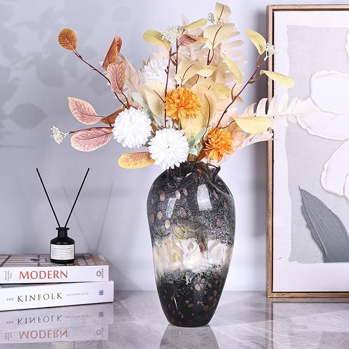 Hand Blown Smoke Glass Vase,Black Amber Vases Home Decor,Vintage Gray Glass Vase, Round Bubble Art for Flowers,Farmhouse Vases for Table Decor and Modern Home Unique Abstract Design (S)