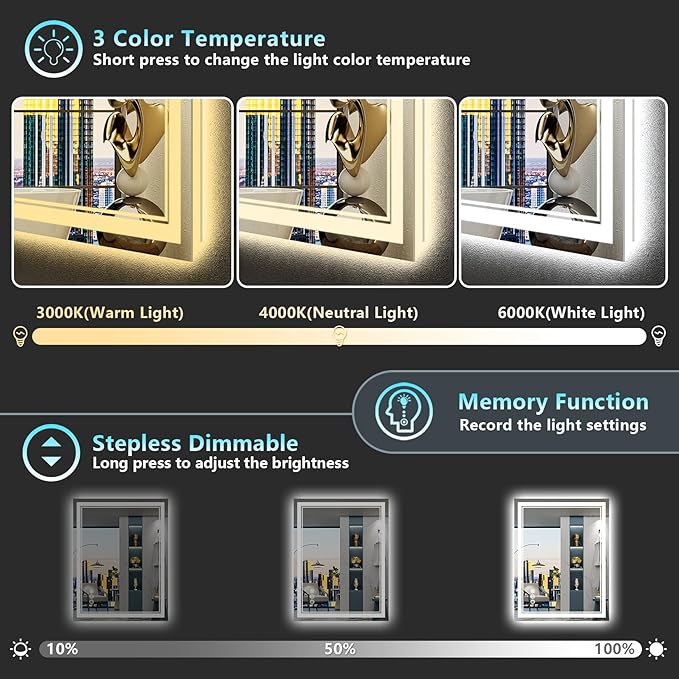 28x36 LED Bathroom Mirror with Lights, Backlit and Front Lit, Anti-Fog Lighted Vanity Mirrors for Bathroom Wall, Dimmable, 3-Color Light, Memory, Shatter-Proof, HD Tempered Glass, CRI＞90