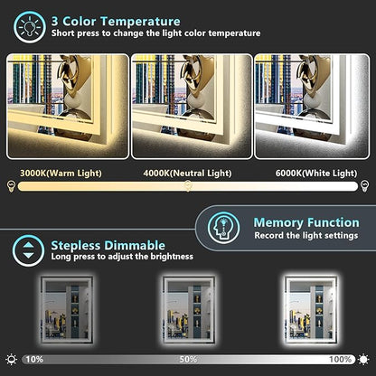 24x32 LED Bathroom Mirror with Lights, Backlit and Front Lit, Anti-Fog Lighted Vanity Mirrors for Bathroom Wall, Dimmable, 3-Color Light, Memory, Shatter-Proof, HD Tempered Glass, CRI＞90