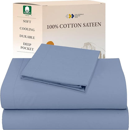 California Design Den Twin Sheets Set - Natural 100% Cotton Sheets with Deep Pockets, Soft Sateen Weave, Breathable and Durable Bedding Set for Dorm Rooms, College (Blue Hydrangea)