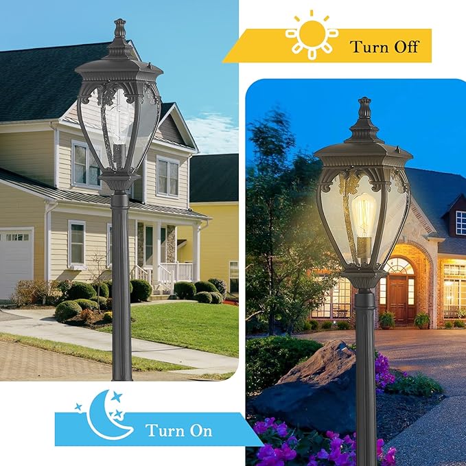 Outdoor Post Lights for Street Lamp with Glass Panels, Aluminum Waterproof Outside Lamp Post Light Fixture Outdoor Pole Lights for Yard, Backyard, Garden, Driveway