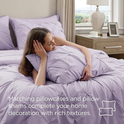 Bedsure Queen Comforter Set Light Purple - Bed in a Bag Queen Size Bedding 7 Pieces, GentleSoft™ Pintuck Bed Set Gift for Family, Pinch Pleat All Season Comforter with Sheets, Pillowcases & Shams