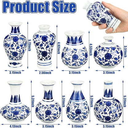 Dandat 8 Pcs Mini Chinoiserie Bud Vases Ceramic Blue and White Floral Chinese Porcelain Vase Set for Shelf Table Centerpieces Home Decor(Elegant)