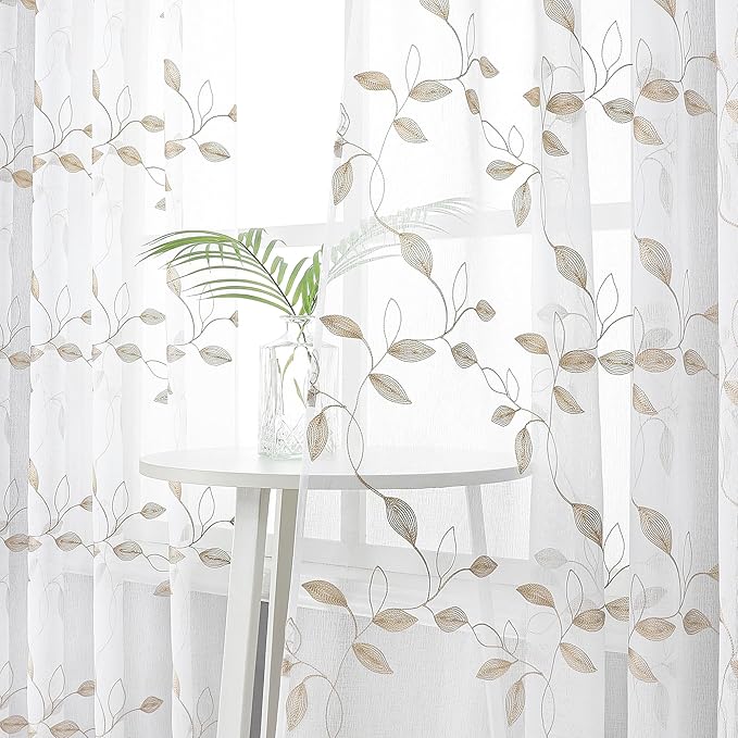 Tollpiz Taupe Leaf Sheer Curtain Leaves Embroidered Bedroom Short Curtains Rod Pocket Voile Window Treatments for Living Room, 38 x 45 inches Long, Set of 2 Panels