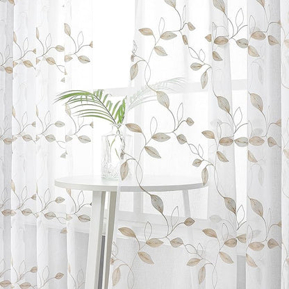Tollpiz Taupe Leaf Sheer Curtain Leaves Embroidered Living Room Short Curtains Rod Pocket Voile Window Treatment for Bedroom, 54 x 54 inches Long, Set of 2 Panels