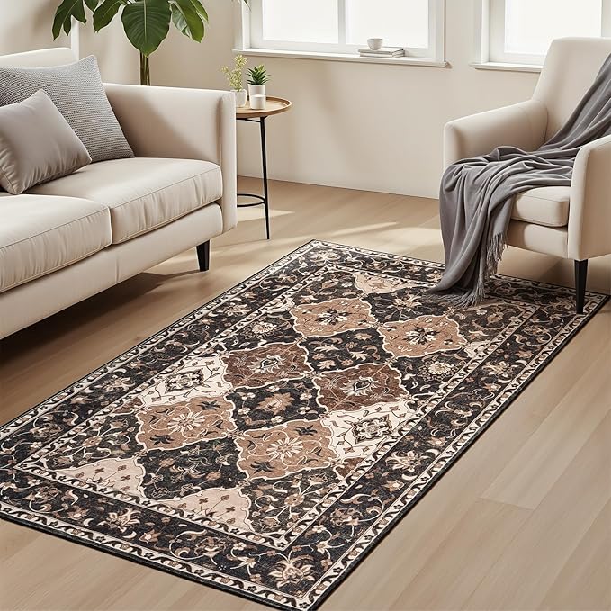Lessymo Large Entryway Rug 3x5, Moroccan Washable Area Rugs for Large Kitchen, Bedroom Bedside, Living Room, Non Slip Low Pile Carpet with Rubber Backing Non Slip, Taupe and Beige