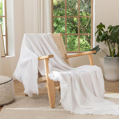 MooMee Muslin Blanket - 100% Cotton 4-Layer Gauze Throw Blanket with All-Around Fringe, Ultra-Soft Breathable Lightweight Cooling Decorative for Bed, Sofa & Couch (Bright White,King 104" x 90")