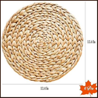 Woven Placemats Set of 6, Table Mats Set of 6, Water Hyacinth Round Placemats for Round Table, Chargers for Dinner Plates, Wicker Chargers for Dinner Plates, Woven Placemat, Place Mats 13.4 in