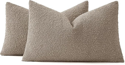 MIULEE 12x20 Inch Decorative Lumbar Throw Pillows for Bed Set of 2 Textured Boucle Neutral Winter Throw Pillow Covers Light Taupe Accent Solid Pillowcases Sofa Livingroom Home Decor